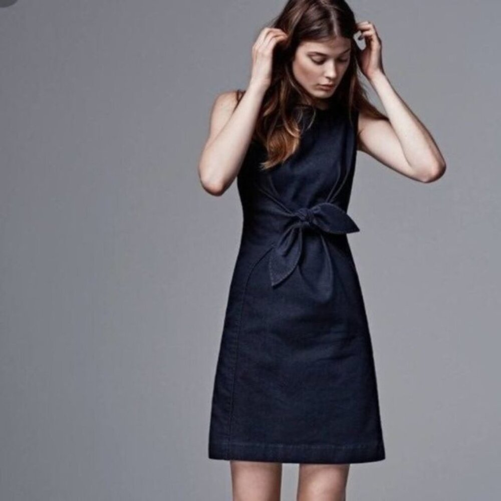 Anthropologie Ribboned Denim Dress Navy Blue Sheath Sleeveless with Waist Tie